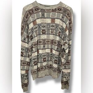 Vintage Mark Shale Brown Cream Print Sweater Grandpa Retro Indie